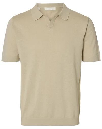 Selected - SLHMattias Linen Blend Open Polo - Oatmeal